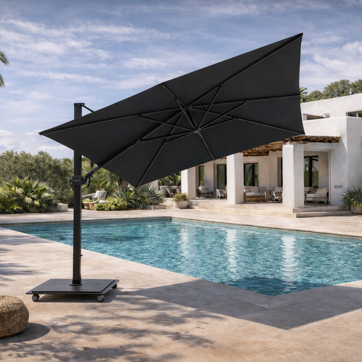 Carrera pro zweefparasol 300x300 zwart frame en zwarte sunbrella parasoldoek