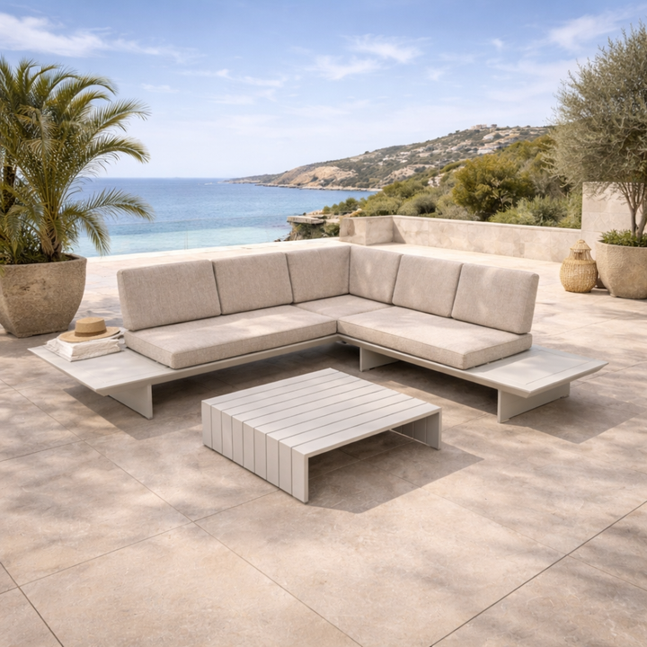 Salon de jardin Fiji en aluminium beige (dune) avec coussins toutes saisons