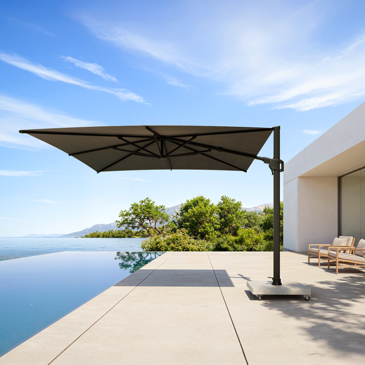 Mallorca zweefparasol antracite frame en antracite parasoldoek + voet + beschermhoes