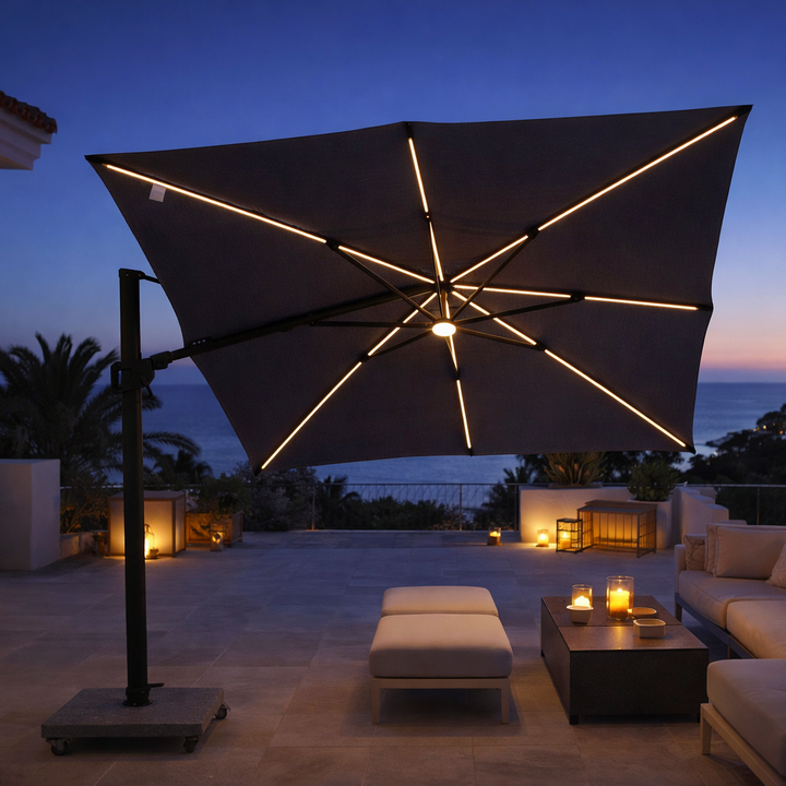 Parasol suspendu LED Mallorca cadre antracite et toile antracite + base + housse de protection