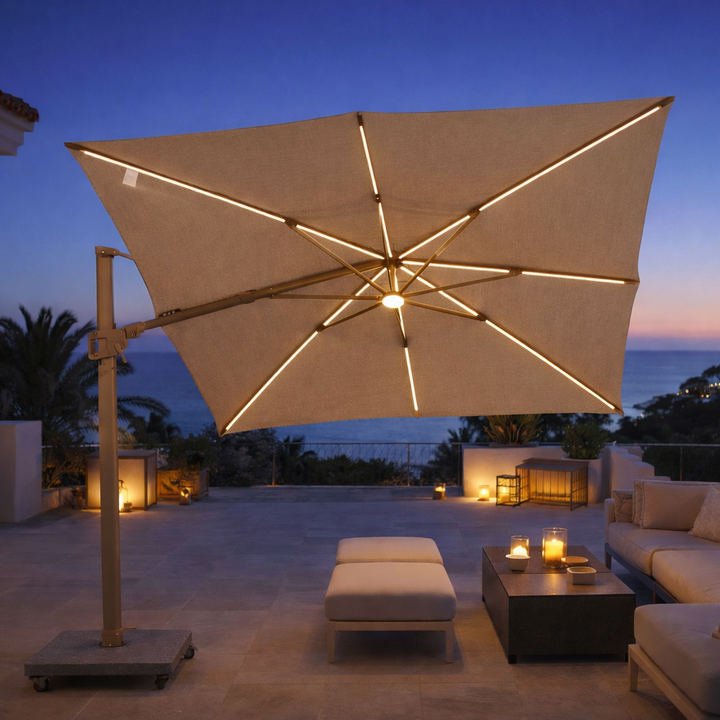 Mallorca LED cantilever parasol beige frame and sand-colored parasol fabric + base + protective cover