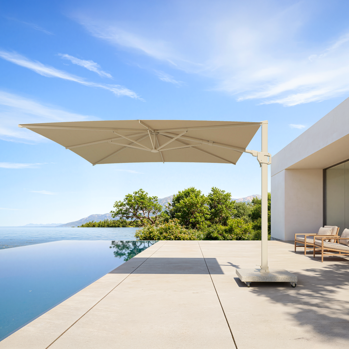 Mallorca LED cantilever parasol beige frame and sand-colored parasol fabric + base + protective cover