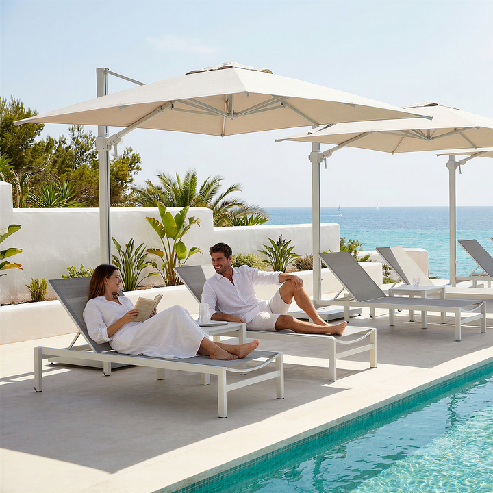 Parasol suspendu Solux 300x300 avec cadre en aluminium lin et toile Sunbrella beige