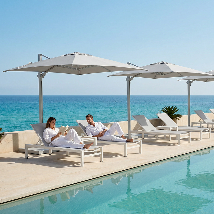 Parasol suspendu Solux 300x300 avec cadre en aluminium lin et toile Sunbrella beige