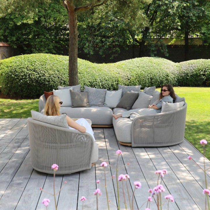 Wave organische hoekset in beige aluminium en taupe rope en all-weather kussens