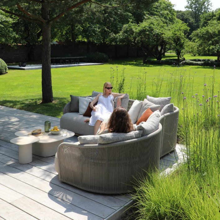 Wave organische hoekset in beige aluminium en taupe rope en all-weather kussens