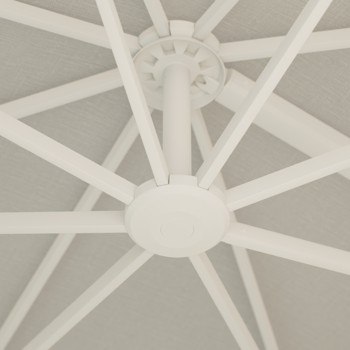 Mallorca zweefparasol wit frame en lichtgrijze parasoldoek + voet + beschermhoes