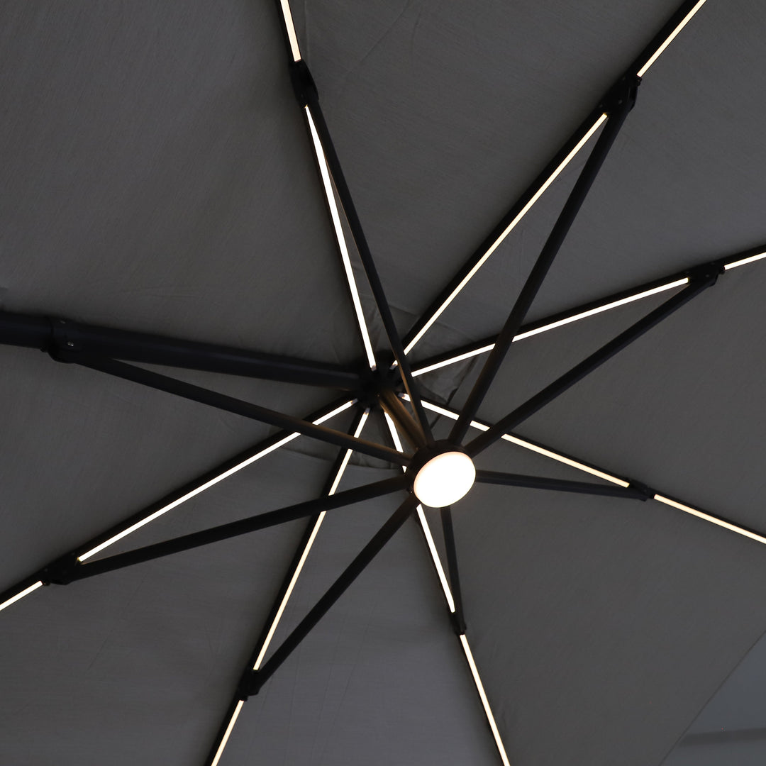 Parasol suspendu LED Mallorca cadre antracite et toile antracite + base + housse de protection