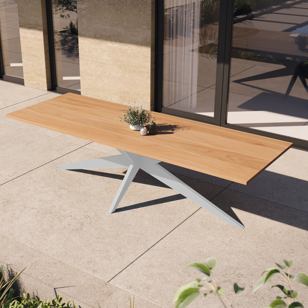 Table de jardin Yate 280x100 cadre aluminium blanc et plateau en teck