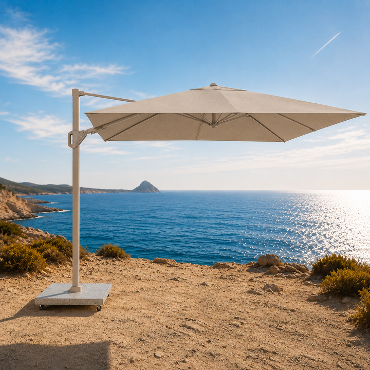 Zweefparasol 300x300 Parasol+voet | beige frame met stone parasoldoek