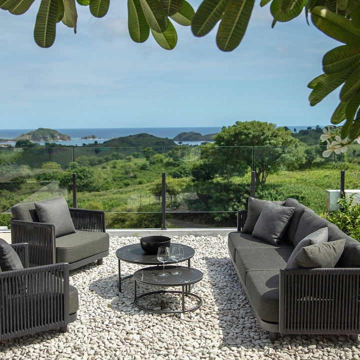 Bonito loungeset in antracite aluminium en vertikaal geweven touw met all-weather kussens (showroommodel)